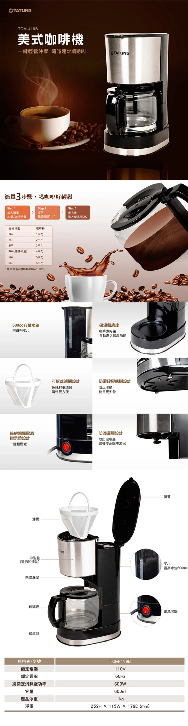 【大同】TCM-419B 咖啡機(L1),GF0300,【大同】TCM-419B咖啡機(L1),全館商品,品牌分類,質感家電