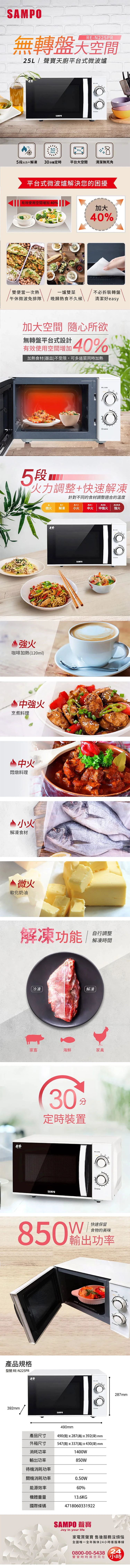 【聲寶】天廚25L平台微波爐(RE-N225PR),GF0814,【聲寶】天廚25L平台微波爐(RE-N225PR),全館商品,品牌分類,質感家電
