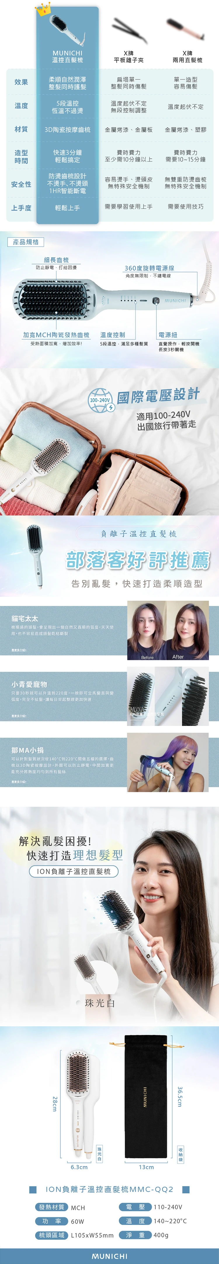 【MUNICHI 沐尼黑】ION負離子溫控直髮梳(MMC-QQ2)國際電壓,GF1098,【MUNICHI沐尼黑】ION負離子溫控直髮梳(MMC-QQ2)國際電壓,全館商品,質感家電,美容/美髮電器