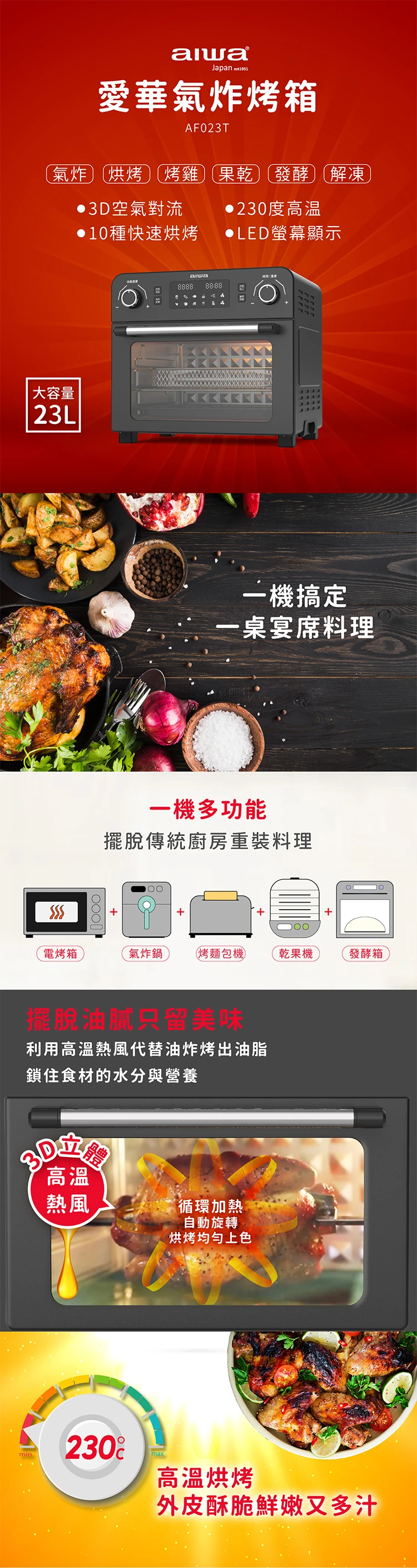 【AIWA 愛華】23L多功能氣炸烤箱( AF023T),GF1160,【AIWA愛華】23L多功能氣炸烤箱(AF023T),全館商品,品牌分類,質感家電