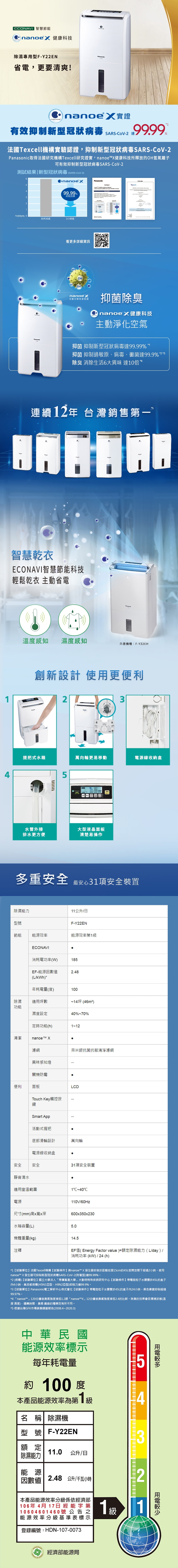 【Panasonic】11L 一級能效除濕機(F-Y22EN)