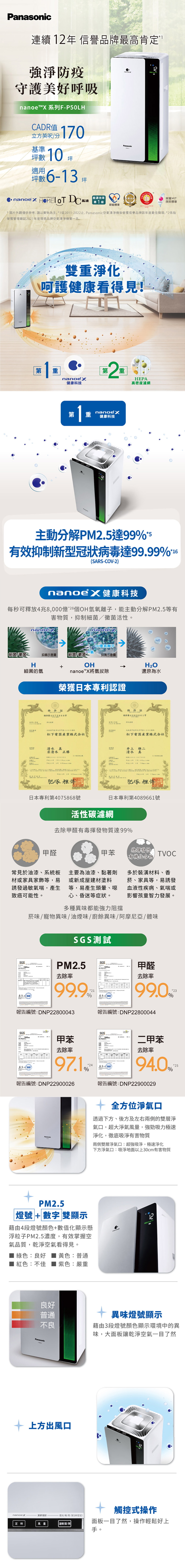 【Panasonic】10坪 nanoeX 空氣清淨機(F-P50LH)