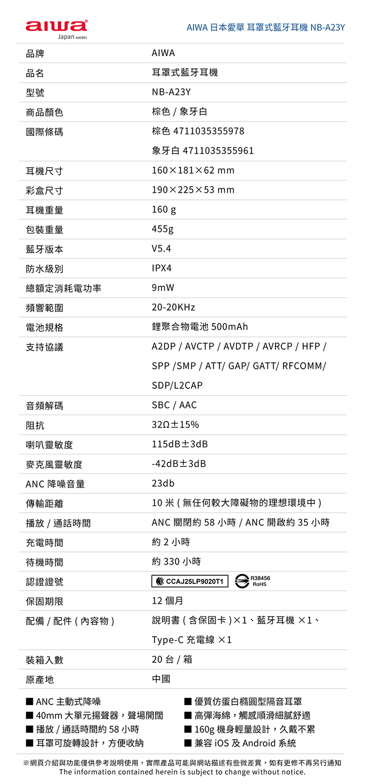 【AIWA 愛華 】耳罩式藍牙耳機(NB-A23Y)