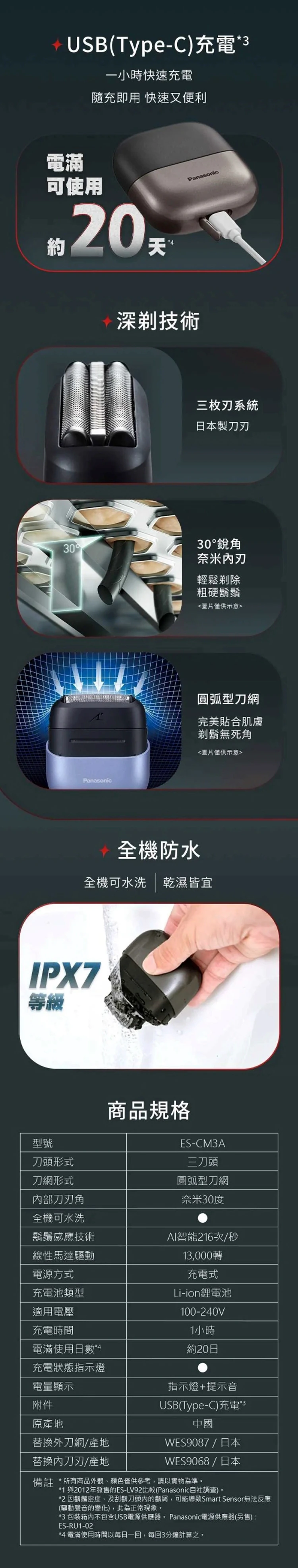 【國際牌Panasonic】掌上型三刀頭防水充電式電鬍刀(ES-CM3A),GF2073,【國際牌Panasonic】掌上型三刀頭防水充電式電鬍刀(ES-CM3A),全館商品,質感家電,刮鬍刀/美體刀
