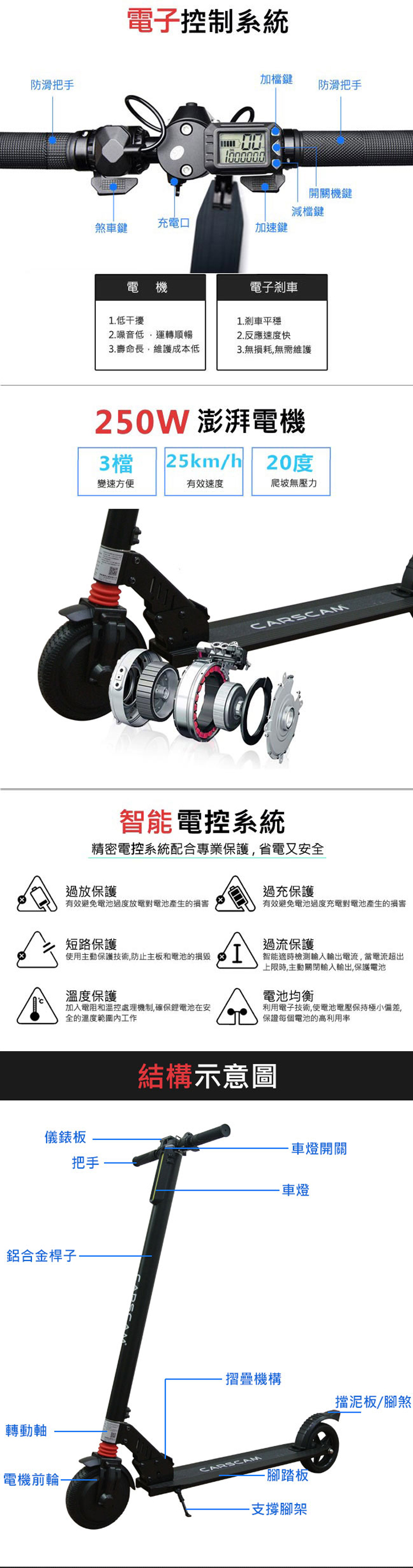 【CARSCAM】LED大燈鋁合金6.5吋智能折疊電動滑板車