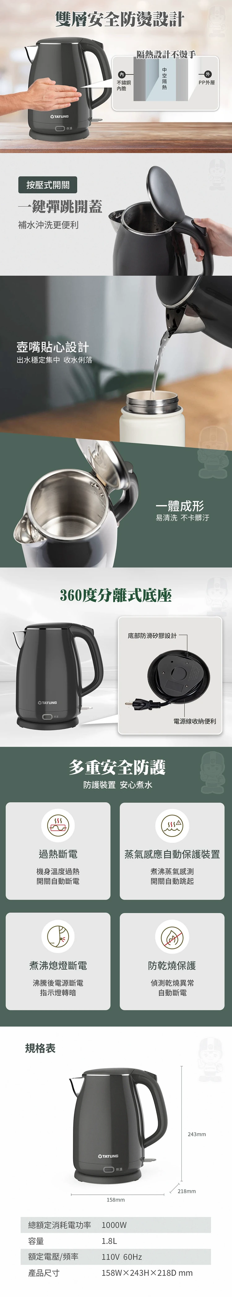 【大同】1.8公升雙層防燙保溫電茶壺(TEK-1822SA),GF2184,【大同】1.8公升雙層防燙保溫電茶壺(TEK-1822SA),全館商品,品牌分類,質感家電