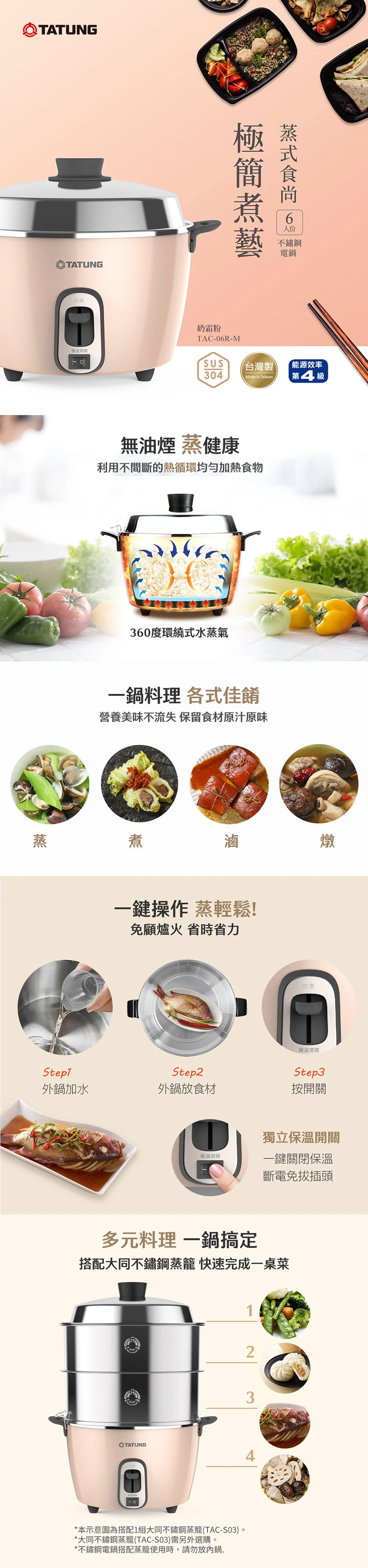 【大同】6人份不鏽鋼配件電鍋 -奶霜粉(TAC-06R-MBI),GF2186,【大同】6人份不鏽鋼配件電鍋-奶霜粉(TAC-06R-MBI),全館商品,品牌分類,質感家電