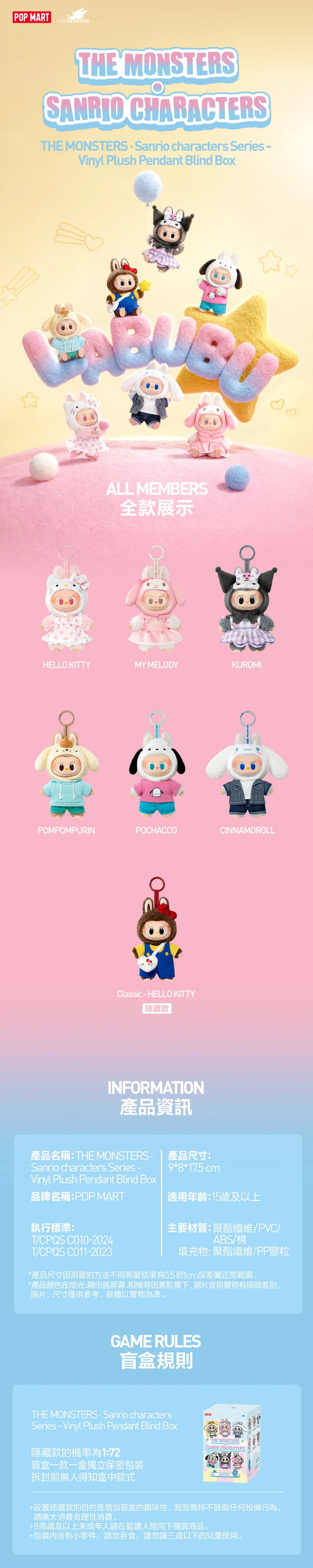 ★敬請期待。即將開搶★THE MONSTERS × 三麗鷗家族系列 搪膠毛絨掛件盲盒(M6),PP1088,★敬請期待。即將開搶★THEMONSTERS×三麗鷗家族系列搪膠毛絨掛件盲盒(M6),授權卡通,新品上市,促銷優惠